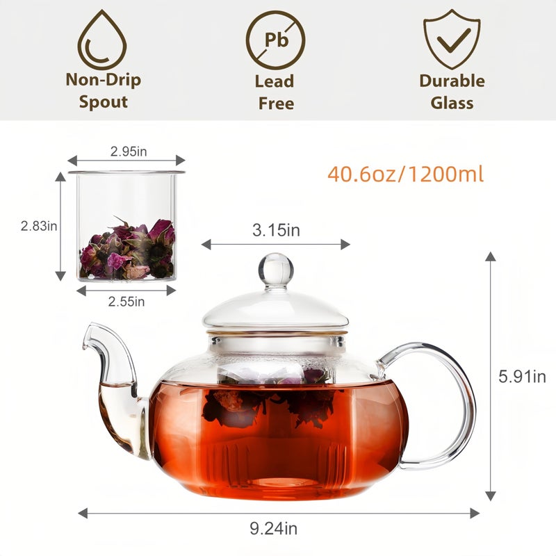 CnGlass 1200ml Glass Teapot with Removable Infuser Stovetop Safe Tea Kettle Blooming & Loose Leaf Tea Pot - Image 3